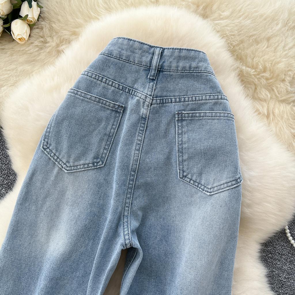 Женские модные вышитые прямые джинсы с высокой талией, повседневные джинсы полной длины с карманом