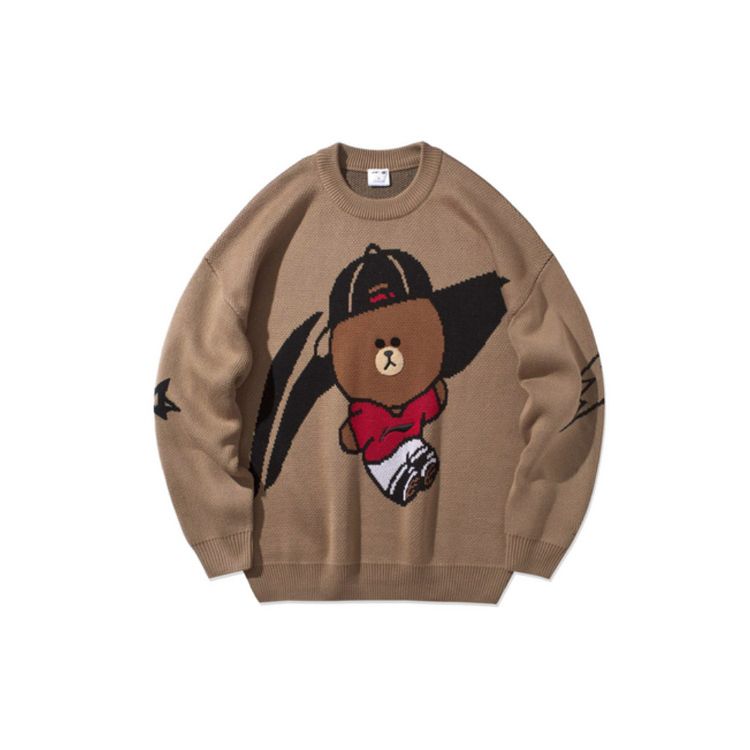 Li-Ning Совместный бренд X Line Friends пуловер свободного кроя с круглым вырезом и топы унисекс с принтом бурого медведя темно-коричневый AMBQ046-1