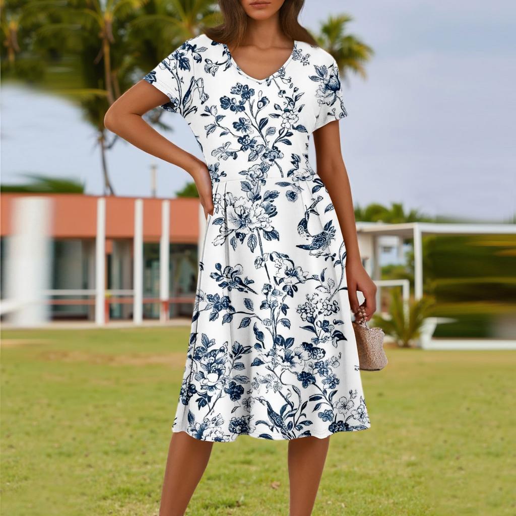 Ladies Summer Fashion Casual Floral Print V-Neck Short Sleeve Pocket Dress