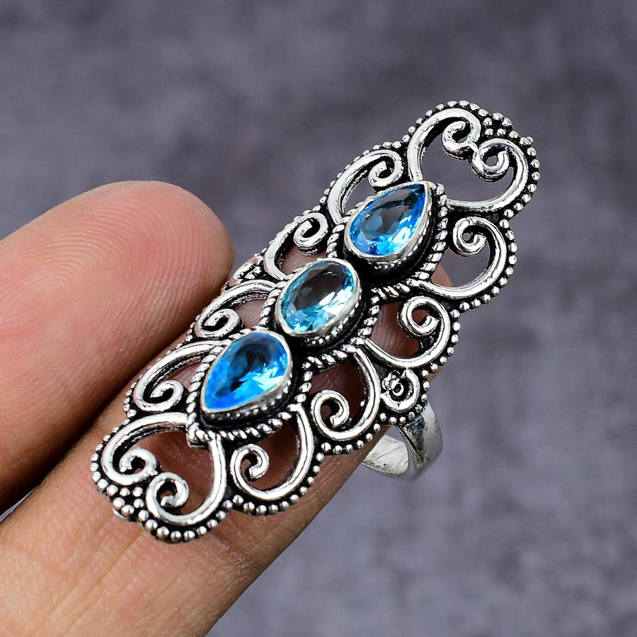 Swiss Blue Topaz Gemstone Handmade 925 Sterling Silver Jewelry Ring Size 10 t0N23