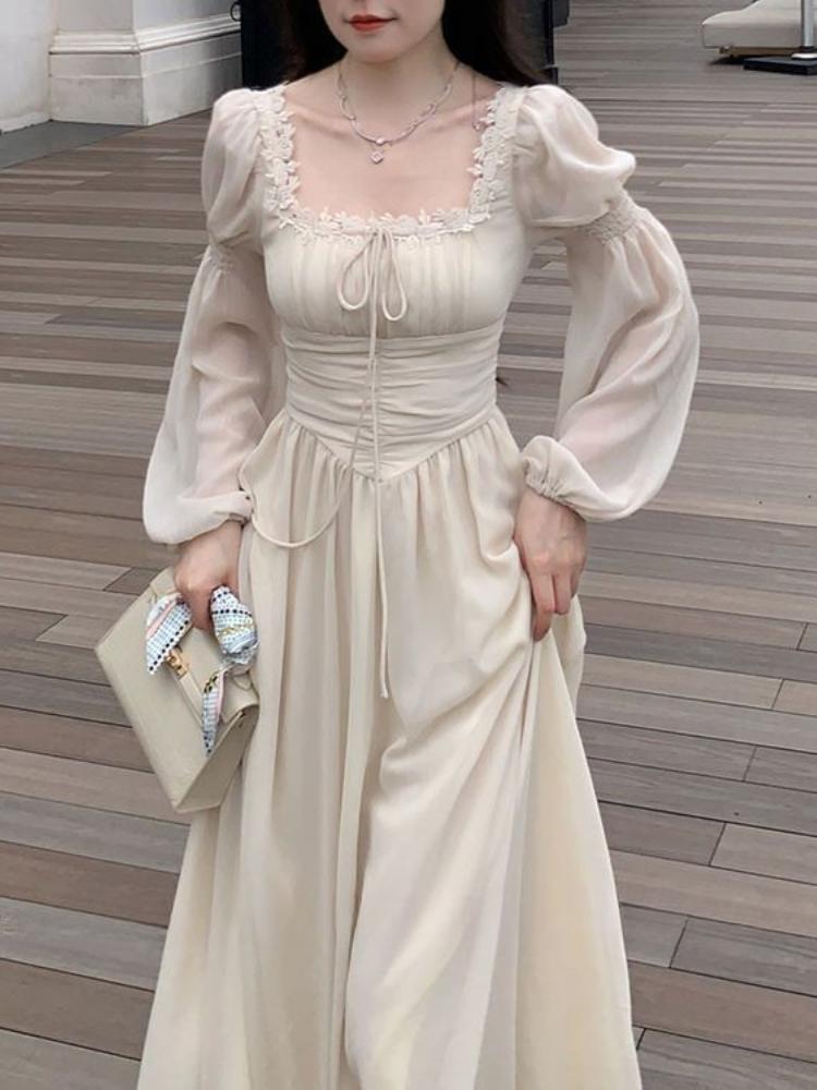 2024 Новая французская длинная юбка темперамент квадратный вырез шифон длинный рукав сказочный дворец ветер платье ранняя весна
