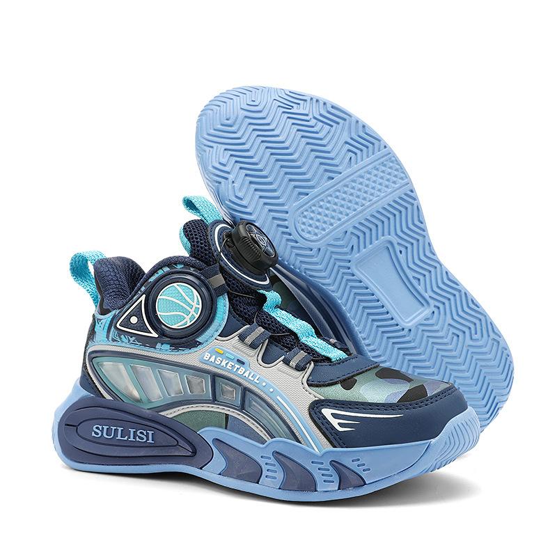 208 Students Children's Fashion Rotating Buckle Sports Shoes Running Shoes Boys Autumn and Winter Leather Surface Primary School Students Casual Sh