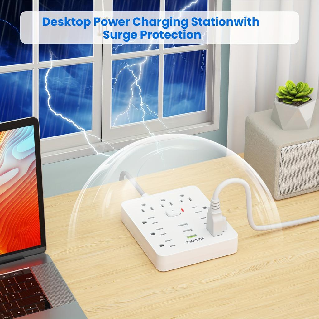 Розетка с защитой от перенапряжения, 9 розеток, 3 порта USB, удлинитель 5 футов, Быстрая зарядка, Для дома и офиса, Белый