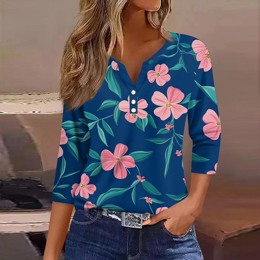 3/4 Length Sleeve Womens Tops Print Vintage Fashion Casual Loose With V Neck Plus Size Shirts Tops