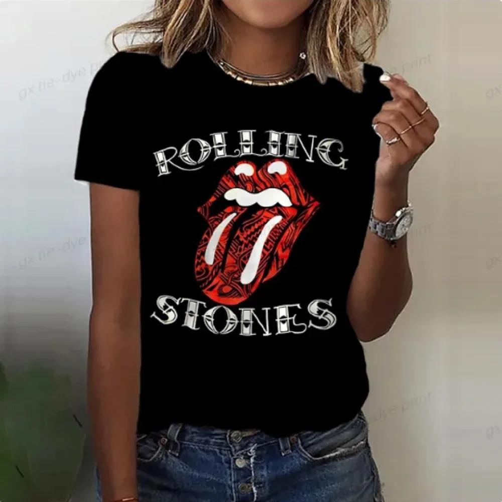 Футболка с забавным принтом Rolling Stones Harajuku и коротким рукавом, красная футболка с круглым вырезом, женская футболка, топы, одежда, женские футболки