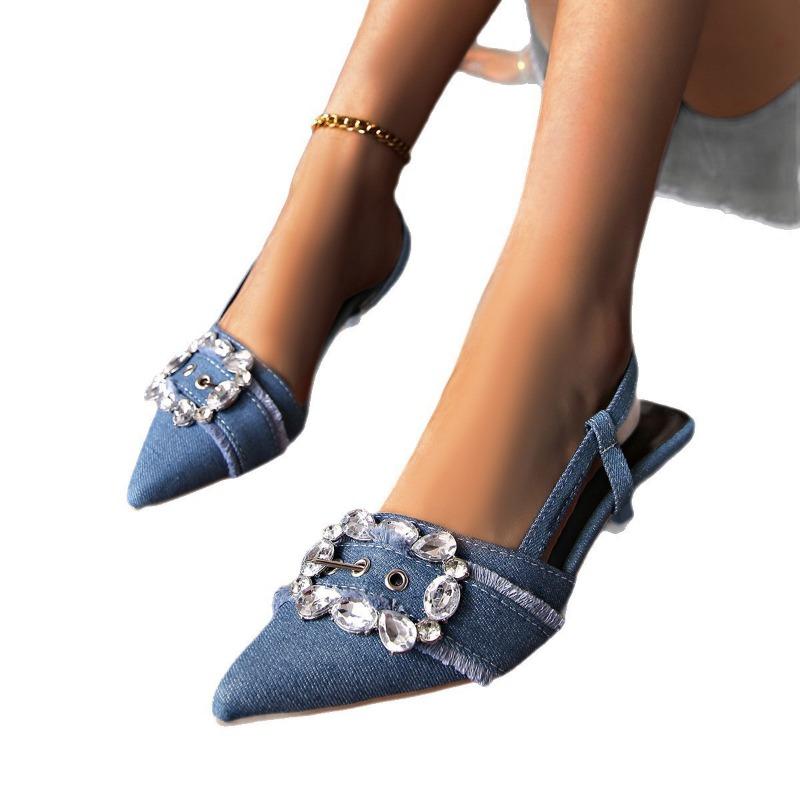 Ladies Shoes Elegant Rhinestone Belt Buckle Pointed Denim Sandals Large Size Hollow Women's High Heels