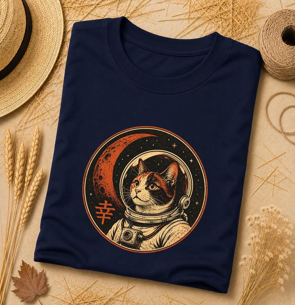 Japanese Space Cat T Shirt, Japanese Retro Graphic Tee, Minimalist Retro Kanji Tee, Japanese Vintage Graphic Tee, Lucky Kanji Minimalist Tee