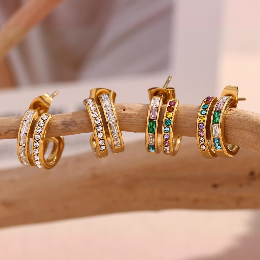 Women's Dainty Colorful Zircon Hoop Earrings Double Layer C Shape 18K Gold Plated Stainless Steel Trendy Style Blue Finch