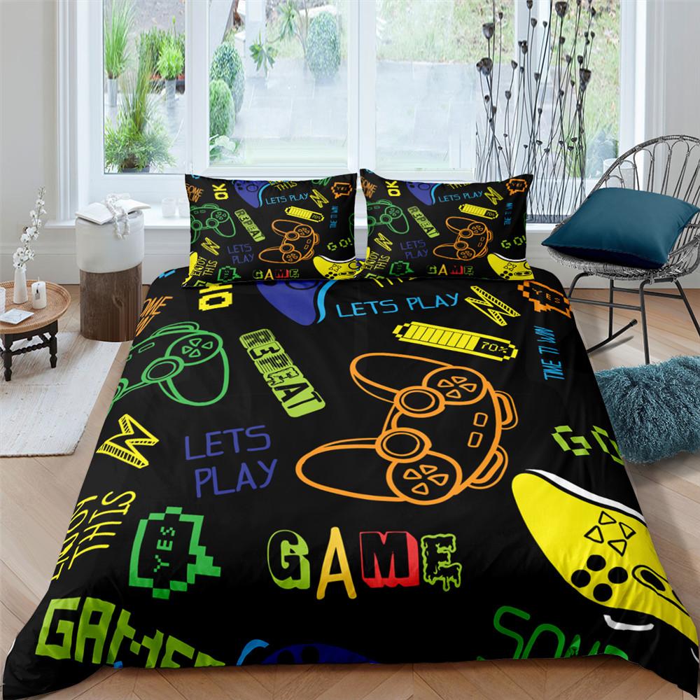 Gamer Duvet Cover Set 3D Print Boys Playroom Black Button With Controller King Queen Size For Boys Teens Polyester Bedding Set