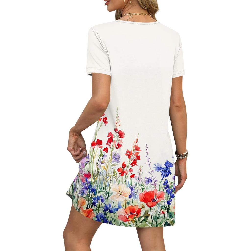 Женские модные повседневные платья с карманами и принтом в богемном стиле, пляжные платья с v-образным вырезом и короткими рукавами