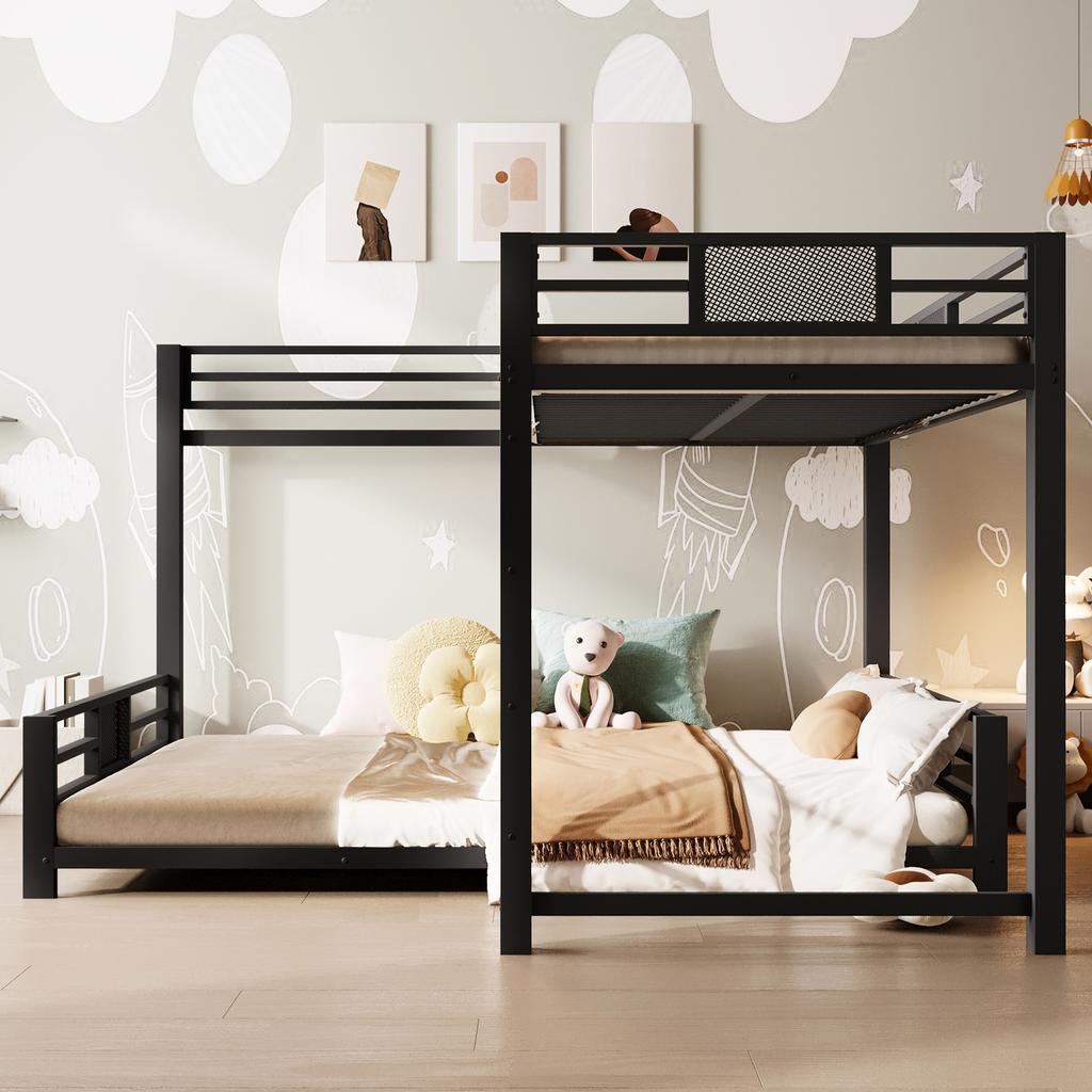 L-shaped Metal Bunk Bed 90x200 over 140x200, Black