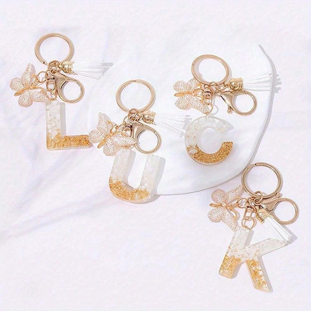 Cute Initial Letter Keyrings White Keychen, Capital Alphabet Gold Foil Resin Keychain Charm with Butterfly Tassel Pendant, Thanksgiving