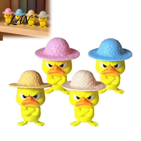 Compact Ornament for Monitor Stand 4Pcs 3D Printed Angry Duck Figurines, Mini Grumpy with Straw Hat, Collectible Figurine Desk Enthusiasts Cute