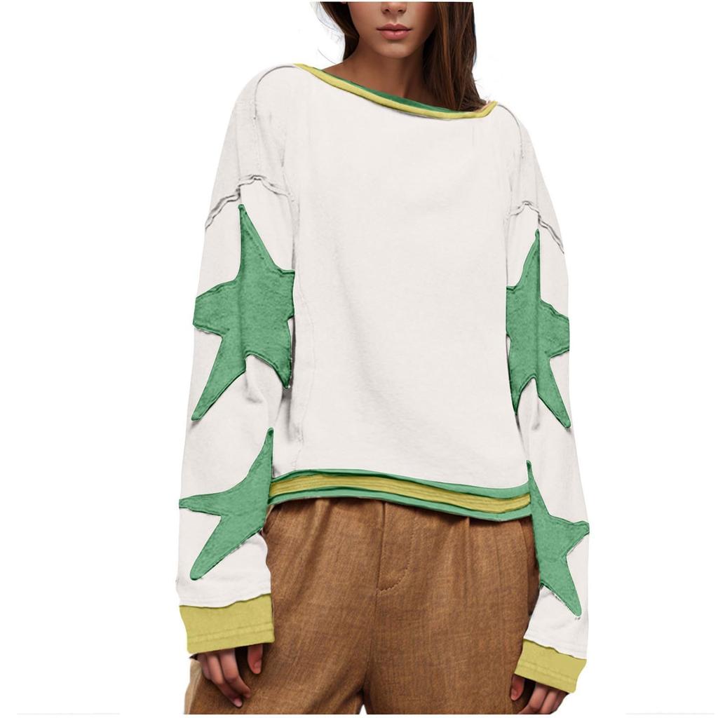 Womens Oversized Sweatshirt Graphic Sweater Long Sleeve Drop Shoulder Round Shirt Tops Vintage Clothes