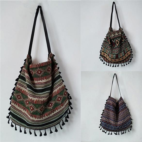 Women's Canvas Bag Ethnic Style Shoulder Bag Cotton Linen Handbags Fashion Fringed Shoulder Bag Literary Style Large Capacity Handbags