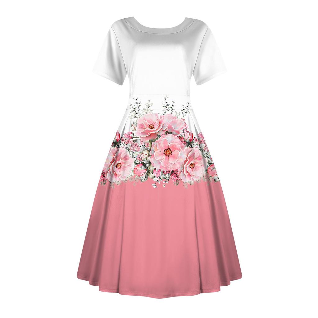 Женское повседневное модное платье с винтажным принтом, круглые платья миди с коротким рукавом и длинными большими распашными платьями