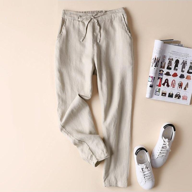 Women's Plus Size Solid Colour Nine-minute Trousers Spring Summer and Autumn Four Seasons Elastic Waist Tie Loose Casual Button Cotton Linen Leggings