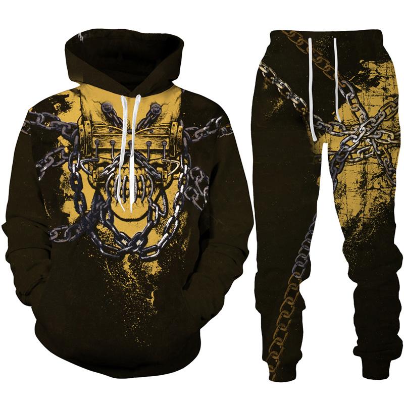 Готическая толстовка с принтом черепа/спортивный костюм с 3D-принтом, модная мужская мотоциклетная байкерская спортивная одежда, комплект крутой толстовки с графическим рисунком + костюм для брюк