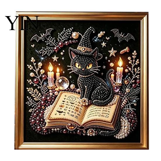 Gothic Style Wall Decor Faux Pearl Art Kit, 3D Dark Evil Pumpkin Painting Creative Holiday Presents for Craft Lovers Spooky Castle Halloween