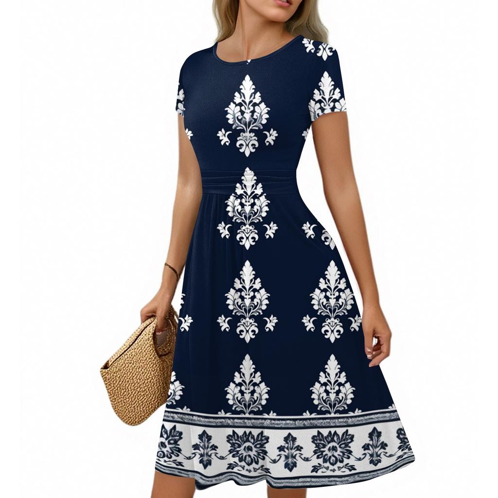 Женское повседневное модное платье миди А-силуэта с круглым вырезом, плиссированными короткими рукавами и богемным стилем