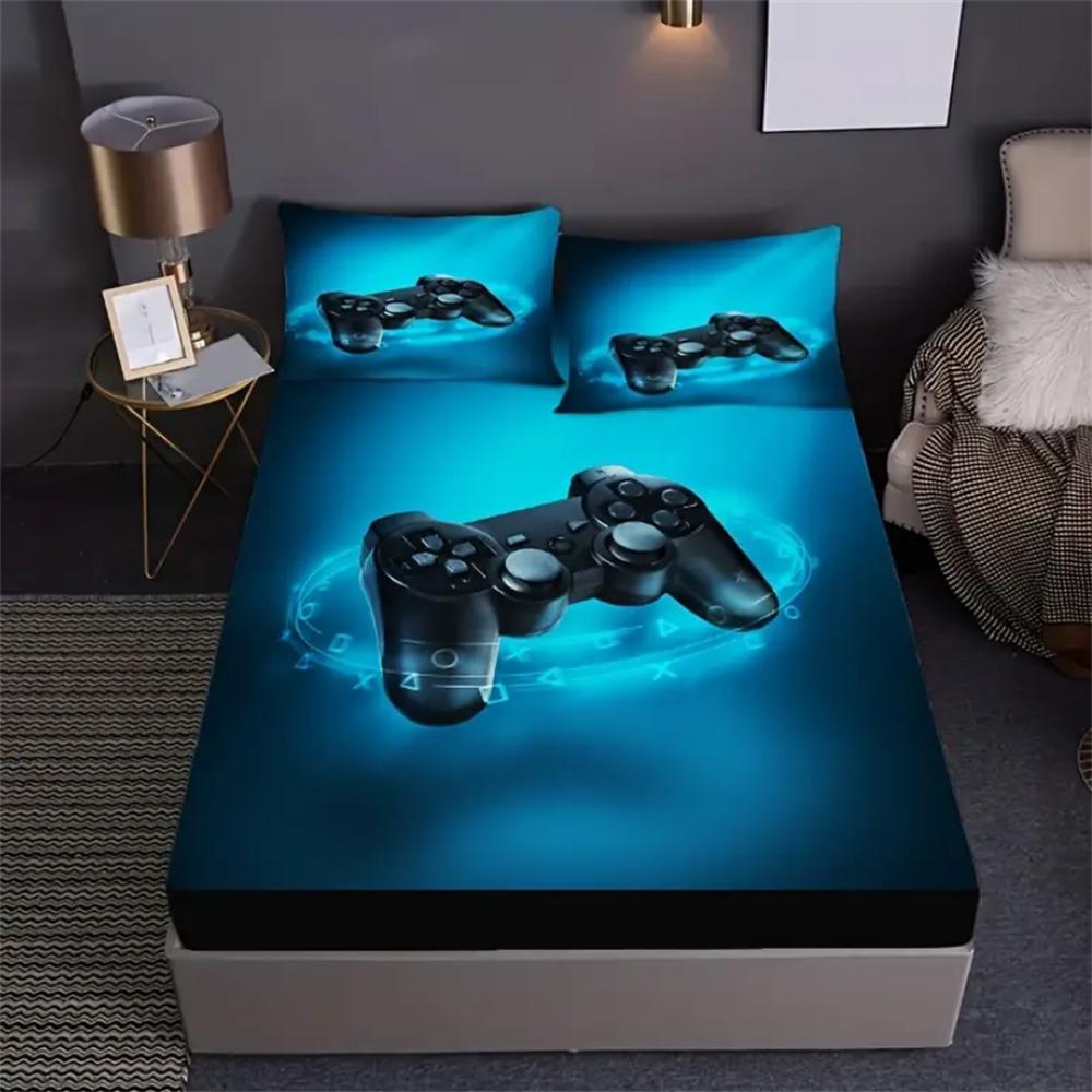 2/3pcs Gamepad Print Fitted Sheet Set (1* Fitted Sheet + 1/2*Pillowcases, Without Core), Mattress Covers Bedding, Soft Comfort