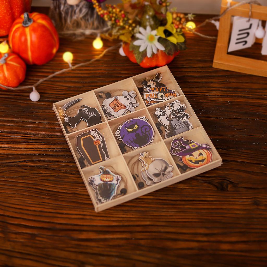 Hot Sale Halloween Wooden Hanging Ornament Set Ghost Pumpkin Witch Cutout Tags Holiday Wall Decoration