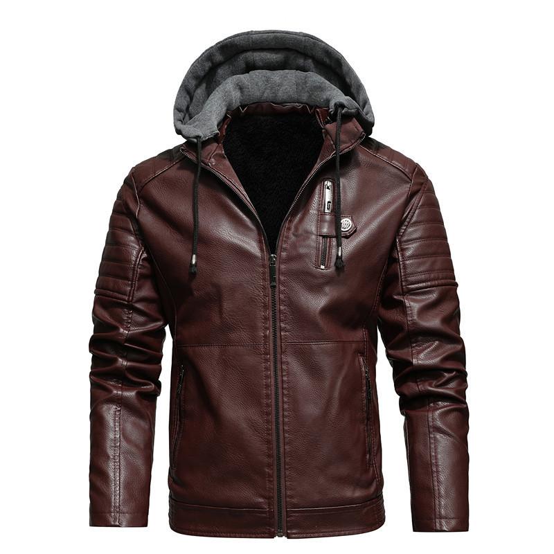Men's Casual Fleece Leather Jacket Hooded, Leather Jacket Autumn Jacket