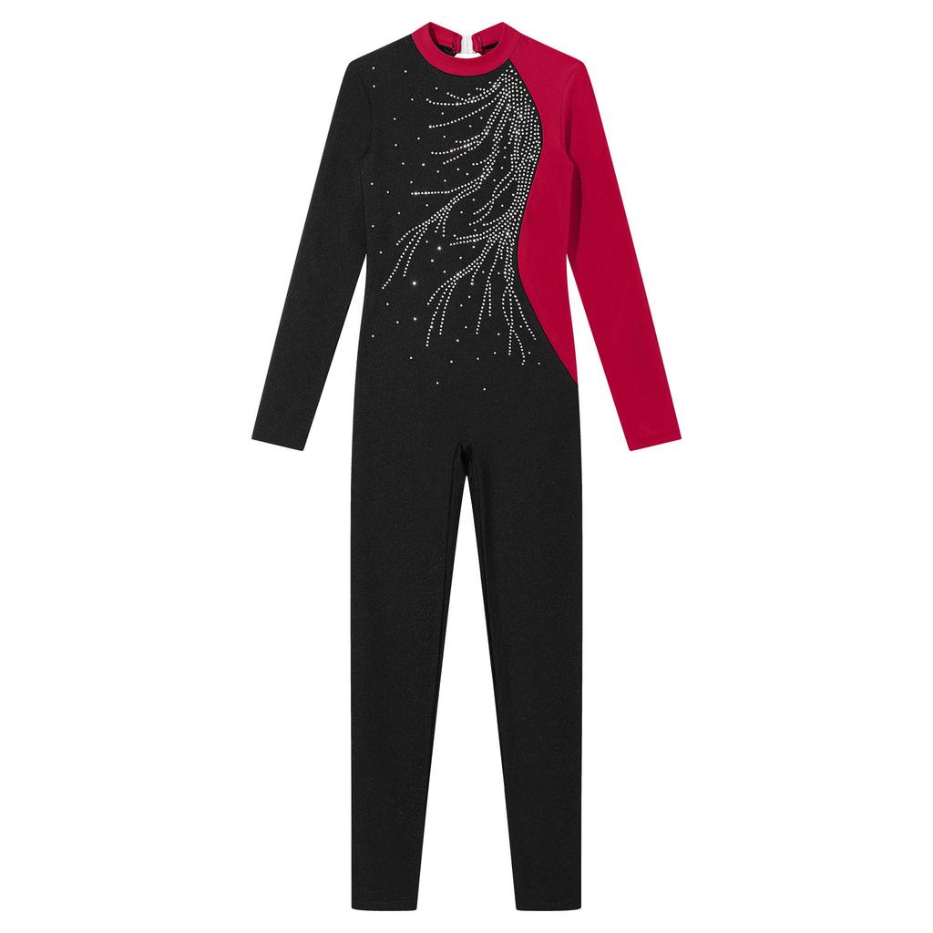 Kids Girls Long Sleeve Shiny Rhinestone Decor Dance Slim Fit Gymnastics Skating Leotard Jumpsuit