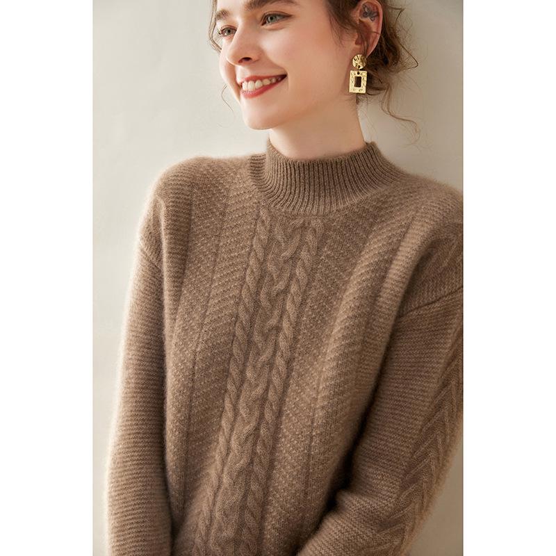 Женский кашемировый пуловер с полувысоким воротом и длинными рукавами - Однотонный, Повседневный, Свободный, Утепленный для осени/зимы.