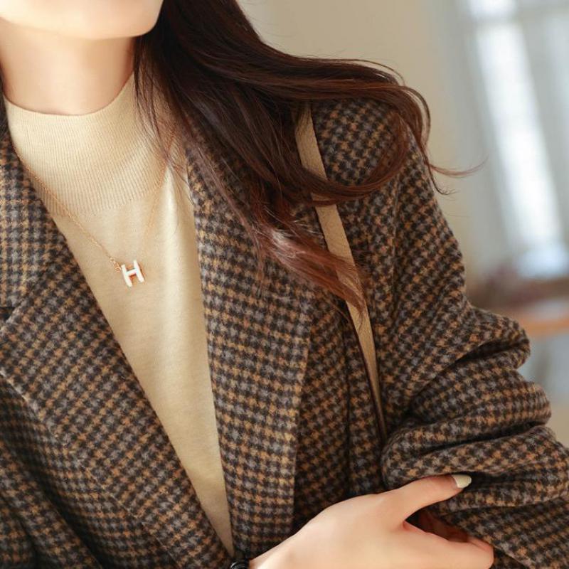 Autumn Winter Loose Plaid Tweed Wool Coat Single Breasted Notched Women Blazers Long Sleeve Jackets