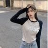 Retro Contrasting Color Ragged Shoulder Long-sleeved T-shirt Women's Autumn New Tight Waist Short Inner Bottoming Shirt
