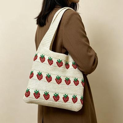 Сумка на плечо для женщин, летняя, вязаная сумка-тоут с клубникой, легкая, для путешествий, минималистичная сумка-шоппер, ручная сумка