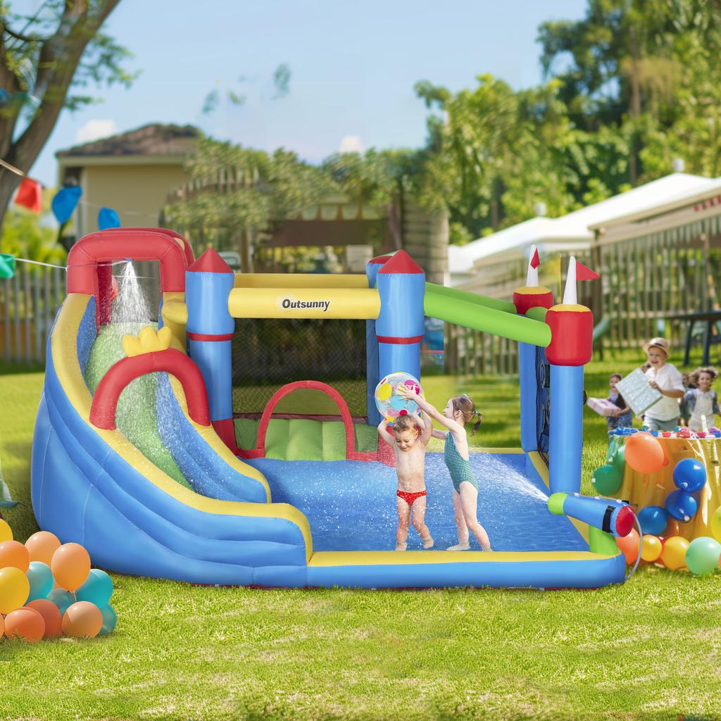 6 in 1 Kids Bouncy Castle, with Water Slide, Water Gun, Climbing Wall, Air Blower for Indoors/Outdoors, 3.9 x 3 x 2m