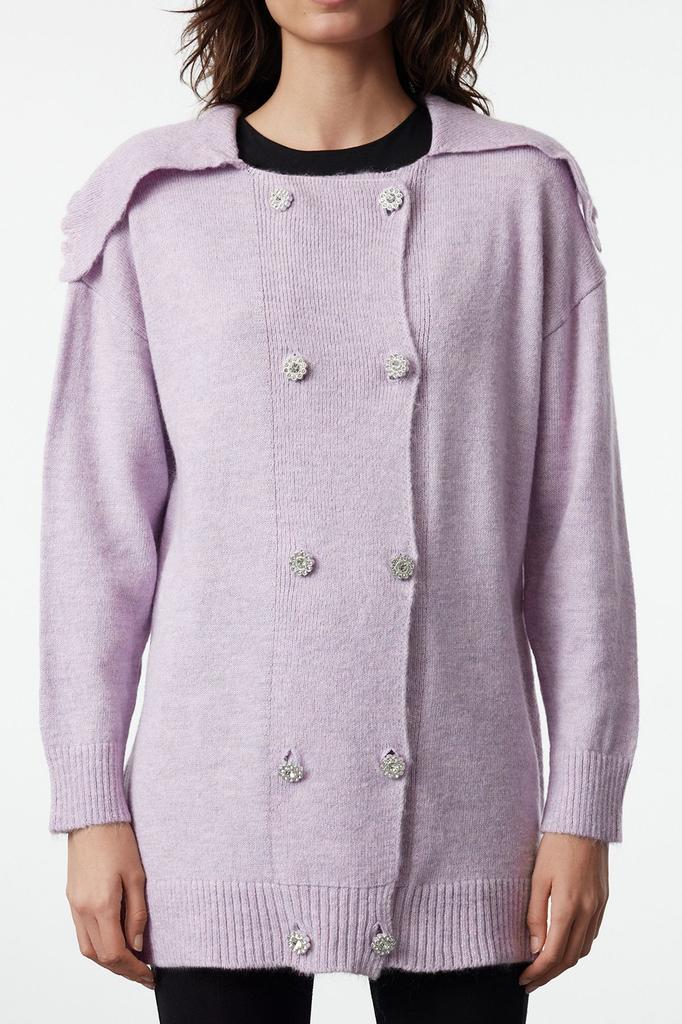 Женский модный стильный кардиган в стиле хиджаб, сиреневый мягкий текстурированный вязаный кардиган на пуговицах с камнями