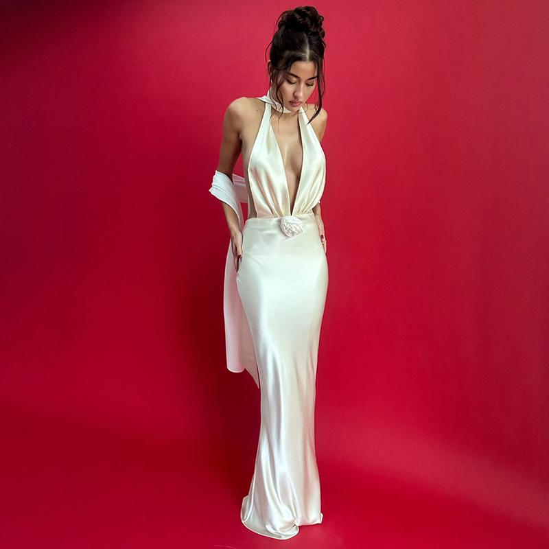 Темперамент Сплошной цвет Глубокий V-образный вырез Длинные платья с завязками на шее и открытой спиной