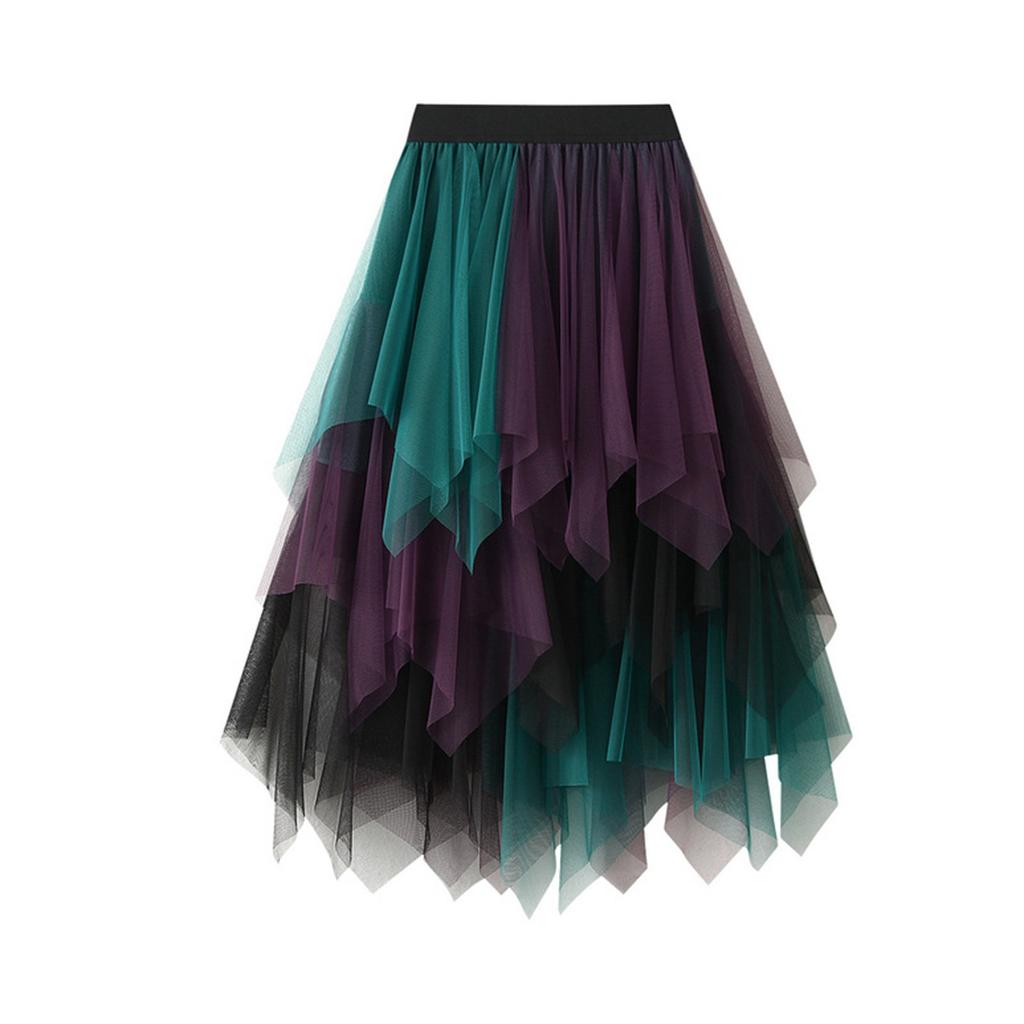 Женская модная цветная юбка с эластичной талией и неровной сеткой, полудлинная
