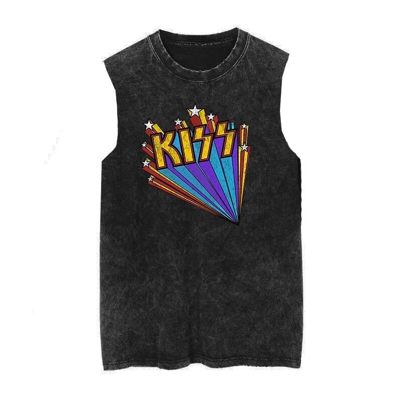 American Vintage Washed Cotton Kiss Band Men Women New Loose Vest Retro Fashion Trend Sleeveless T-shirt Tank Tops