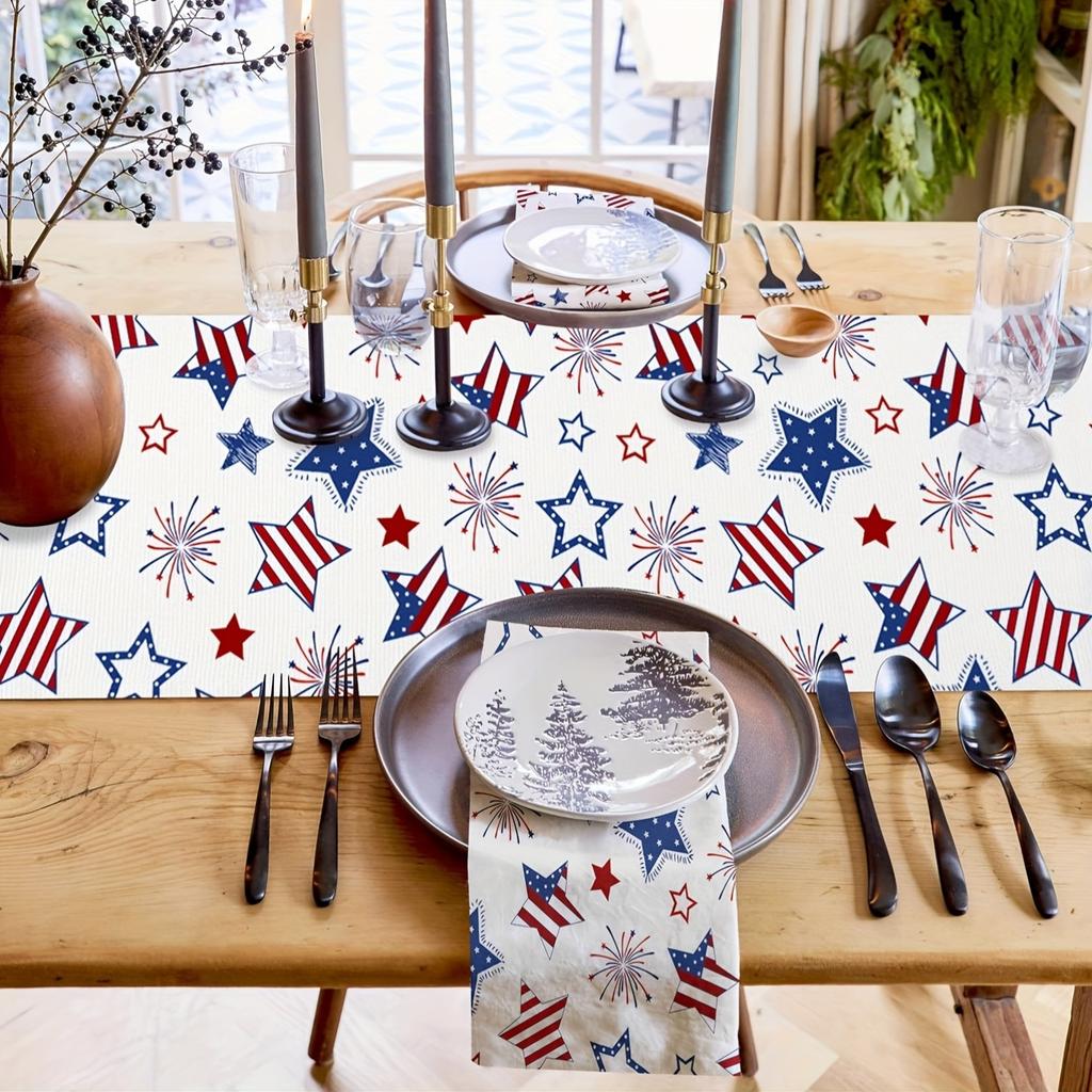 1pc 4th of July Vintage Star Table Runner, Premium Linen 2D Print, Decorative Table Cover for Living Room & Patio, American Flag