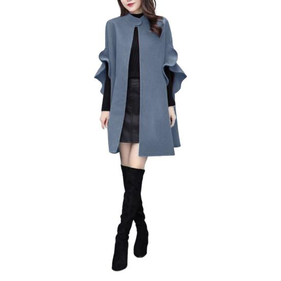 Женское зимнее пальто с рукавами-лепестками, воротником-стойкой, накидкой-трапецией, кардиганом средней длины с открытыми стежкам, шерстяным пальто для улицы, пончо