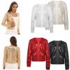 Womens Sparkling Sequin Open Front Long Sleeve Coat for Cocktail Parties Club Events Evening Occasions