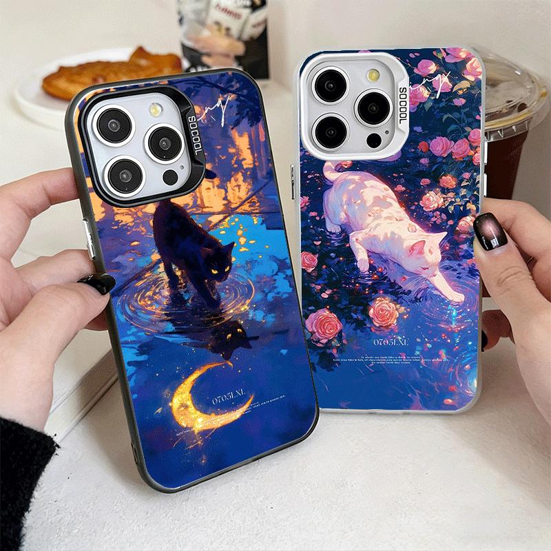 Ночная Луна Кошка Мечтательное Искусство Мягкий Чехол для Телефона для iPhone 15 16 17 Pro Max 17Air 16E 14 Plus 13 12 Mini Ударопрочный Задний Корпус