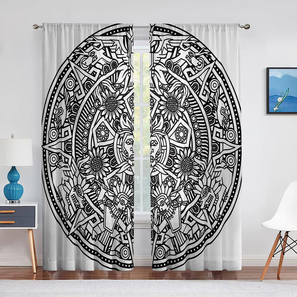 Мандала желтые цветы яркий геометрический узор прозрачные вуалевые шторы для гостиной спальни окна прозрачные тюль шторы