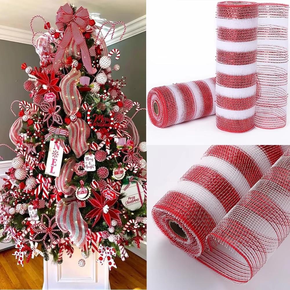 10Yard Christmas Red White Metallic Mesh Ribbon Xmas Tree Candy Cane Decoration Ornament DIY Wreath Bow Party New Year Gifts 7