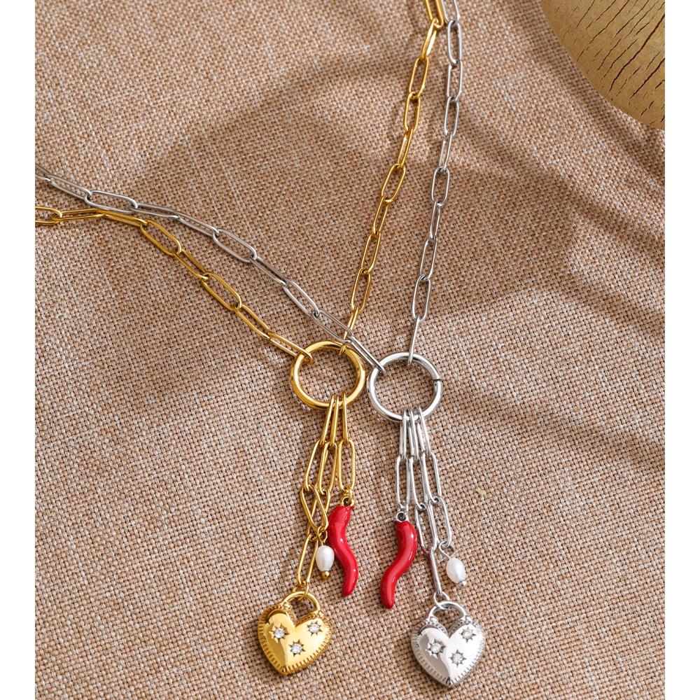 Eetit Новый Стиль Натуральный Жемчуг Цирконий Сердце Перец Капля Цепочка Шарм Ожерелье Нержавеющая Сталь Мода Водонепроницаемый Кулон Украшения