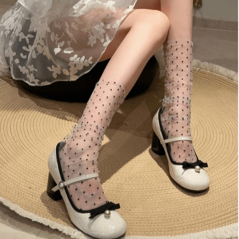 JK Mid Tube Socks Transparent Stacked Stockings Pile Up Socks Polka Dot Mesh Socks Student