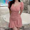 Women's 2024 Summer Backless Ruffled Dress - Sexy Celebrity V-Neck Short-Sleeved Tight Hip Skirt
