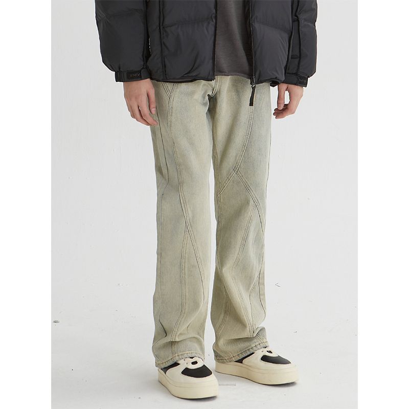 Мужские прямые джинсы в европейском и американском стиле с ретро-строчкой, свободный дизайн, нишевые жареные уличные брюки