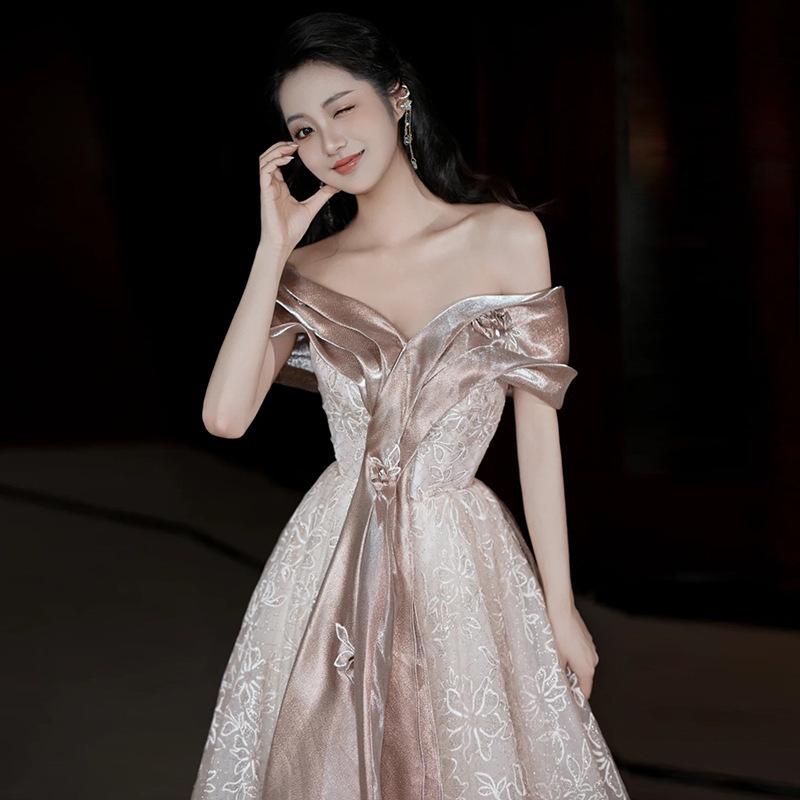 Evening dress one-word shoulder skirt women's high-end sense high-end niche light luxury bridal toast dress engagement skirt birthday host