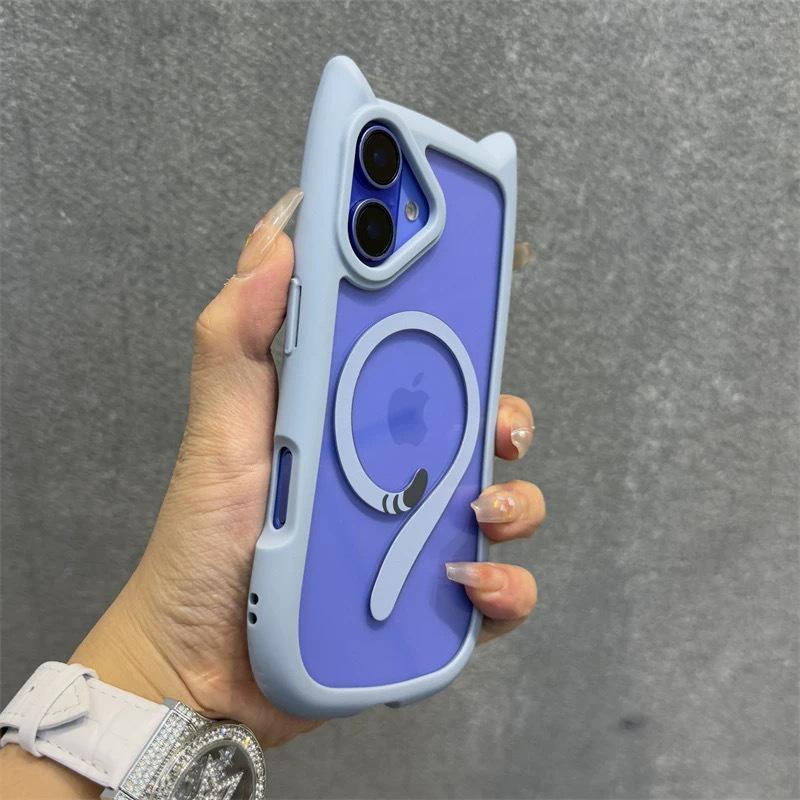 Прозрачный чехол для iPhone 16/16 Pro Max с розовыми кошачьими ушками и магнитным кошачьим хвостом