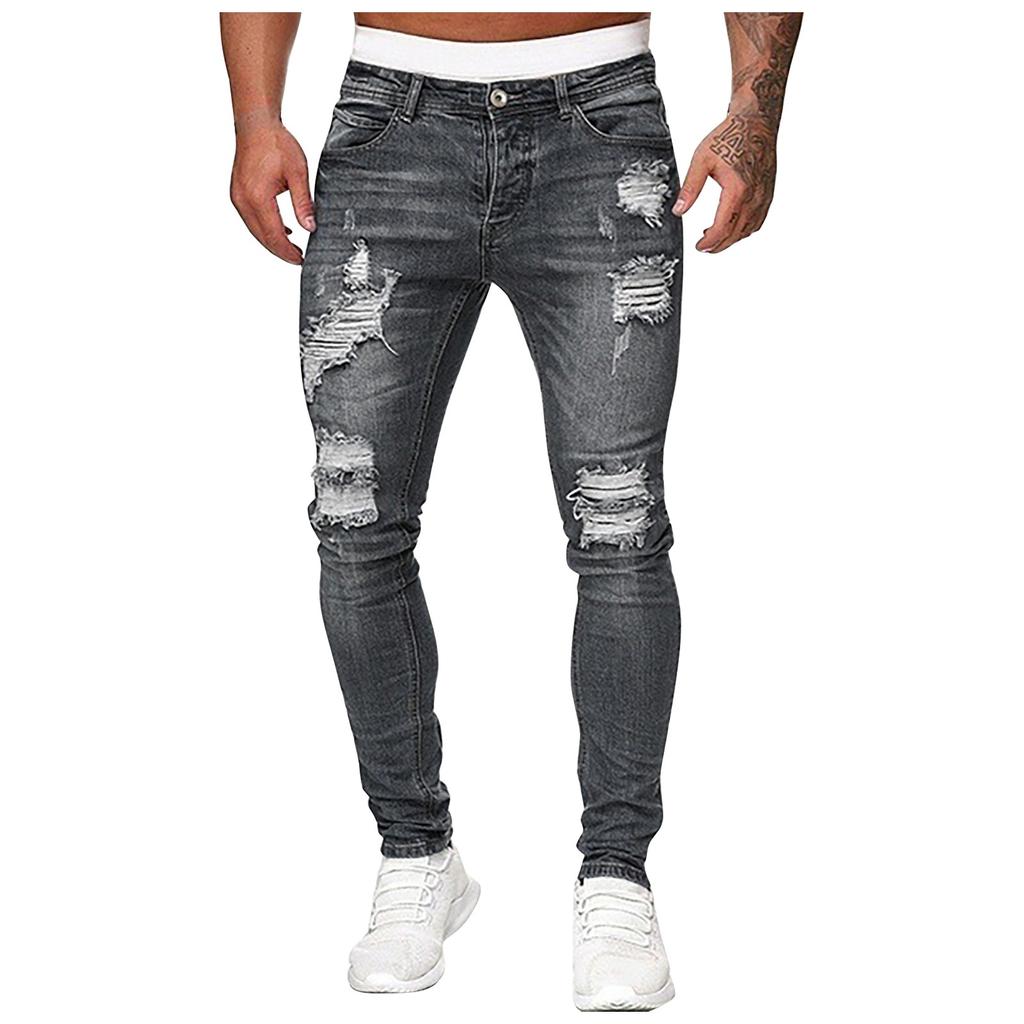 Men's Casual Hole-rubbed White Slim Fit Denim Pants Fashion Chinos Jeans
